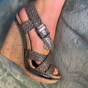 Stuart Weitzman Metallic Gray Braided Cork Wedge Sandals